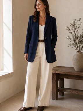 Club Monaco Textured Navy Longline Blazer Patch Pocket Stretch Jacket Size 8